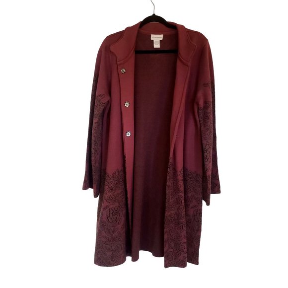 Soft Suroundings coat knit Large button snap bell sleeve maroon black roses - Picture 2 of 15